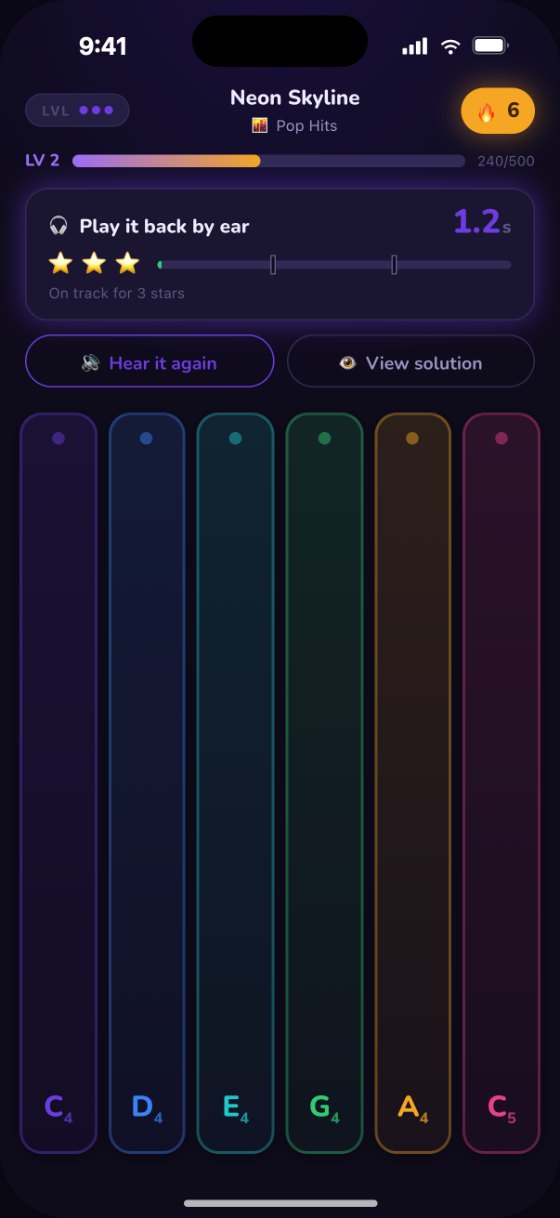 EarHero game screen: a timer, three stars and six colored note lanes to play the melody back.