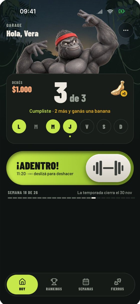 GymBros today screen: the week's check-ins, money owed and a slider to log today's workout.